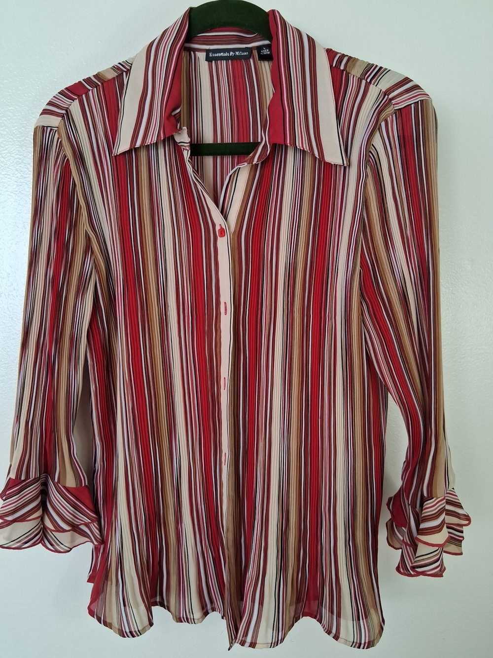 Essentials by Milano Red Multi-Stripe Sheer Button-Up Blouse